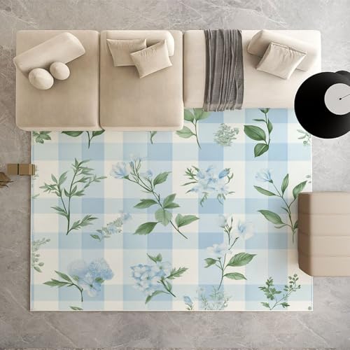 Dpvbffx Blau Weiß Büffelkaro Teppich Groß 200x290 cm, Botanisch Blumen Teppiche Antirutsch, Rustikale Landhausstil Teppich Weich Kurzflor Fur Wohnzimmer Schlafzimmer Kinderzimmer Bettvorleger von Dpvbffx