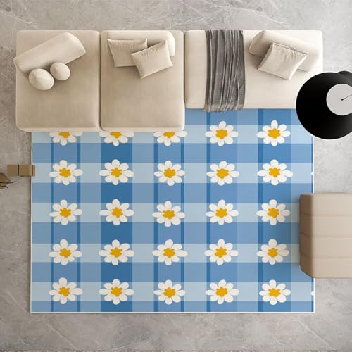 Dpvbffx Blau Weiß Kariert Teppich Groß 200x290 cm, Gänseblümchen Büffelkaro Teppiche Antirutsch, Landhausstil Karomuster Teppich Kurzflor Fur Wohnzimmer Schlafzimmer Kinderzimmer Bettvorleger Dpvbffx Blau Weiß Kariert Teppich Groß 200x290 cm, Gänseblümchen Büffelkaro Teppiche Antirutsch, Landhausstil Karomuster Teppich Kurzflor Fur Wohnzimmer Schlafzimmer Kinderzimmer Bettvorleger von Dpvbffx