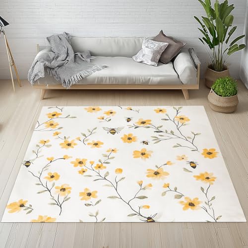 Dpvbffx Blumen Biene Teppich Groß 200x290 cm, Landhausstil Pflanzenmuster Waschbare Teppiche Antirutsch, Aquarell Botanisch Teppich Weich Kurzflor Fur Wohnzimmer Schlafzimmer Kinderzimmer Bettvorleger von Dpvbffx