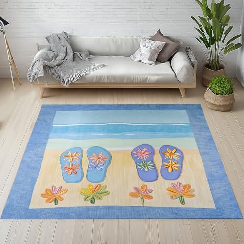 Dpvbffx Blumen Flip Flop Fußmatte 60x90 cm, Hawaii Meer Strand Teppich Klein rutschfest, Sommer Tropisch Küste Teppich Kurzflor, Waschbarer Teppiche Gegend Schmutzfangmatte fur Innen Outdoor Eingang von Dpvbffx