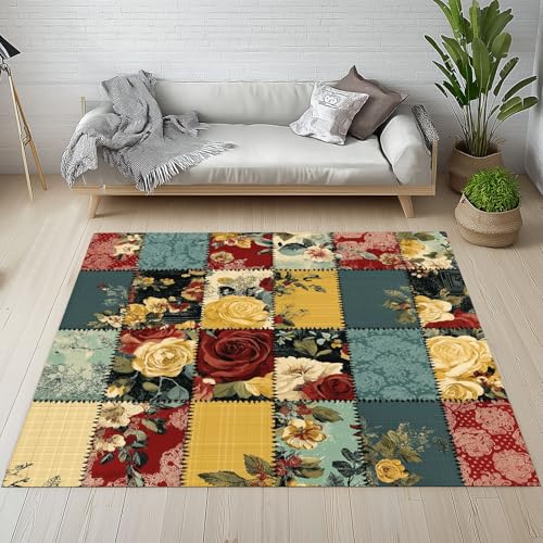 Dpvbffx Blumen Patchwork Fußmatte 40x60 cm, Vintage Bauernhaus Teppich Klein rutschfest, Rustikale Waschbarer Teppich Kurzflor Weich, Teppiche Gegend Schmutzfangmatte fur Innen Outdoor Eingang von Dpvbffx