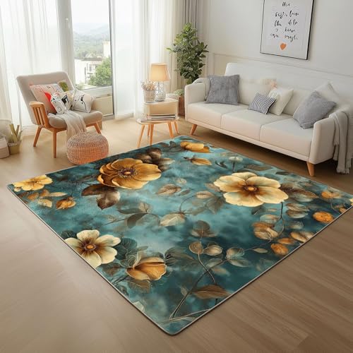 Dpvbffx Blumenmuster Teppich Rutschfest, Botanisch Blumen Blätter Teppich Wohnzimmer 80x150 cm, Vintage Rustikal Teppiche Kurzflor Waschbare fur Schlafzimmer Badezimmer Kinderzimmer Schmutzfangteppich von Dpvbffx