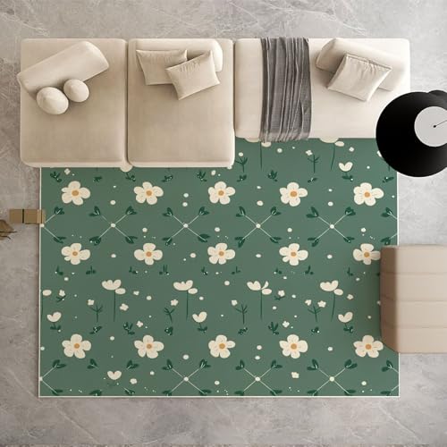 Dpvbffx Blumenmuster Teppich Wohnzimmer, Cottagecore Landhausstil Kurzflor Teppich 120x170 cm, Pflanzen Grün Blätter Teppiche Antirutsch Weich Waschbare Teppiche Kinderzimmer Schlafzimmer Bettvorleger von Dpvbffx