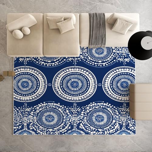 Dpvbffx Böhmen Ethnisch Teppich Groß 200x290 cm, Abstrakte Geometrisch Blumen Teppiche Antirutsch, Vintage Marineblau Teppich Weich Kurzflor Fur Wohnzimmer Schlafzimmer Kinderzimmer Bettvorleger von Dpvbffx