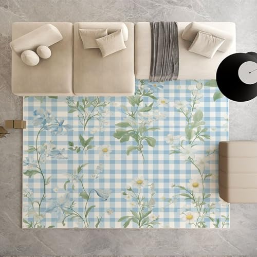 Dpvbffx Botanisch Blumen Teppich Groß 200x290 cm, Blau Weiß Büffelkaro Teppiche Antirutsch, Cottagecore Landhausstil Teppich Weich Kurzflor Fur Wohnzimmer Schlafzimmer Kinderzimmer Bettvorleger von Dpvbffx