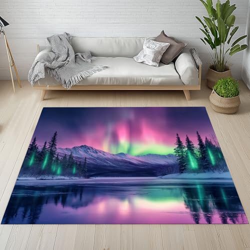 Dpvbffx Bunt Aurora Teppich Groß 200x290 cm, Romantisch Nordlicht Waschbare Teppiche Antirutsch, Natur Astronomische Landschaft Teppich Kurzflor Fur Wohnzimmer Schlafzimmer Kinderzimmer Bettvorleger von Dpvbffx