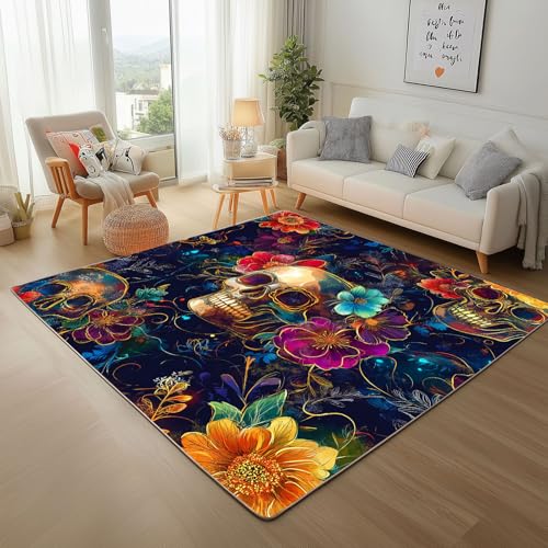 Dpvbffx Bunt Blumen Skull Fußmatte 40x60 cm, Exotisch Totenkopf Teppich Klein rutschfest, Schädel Knochen Teppich Kurzflor, Waschbarer Teppiche Gegend Schmutzfangmatte fur Innen Outdoor Eingang von Dpvbffx