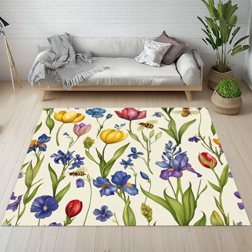 Dpvbffx Bunt Blumen Teppich Groß 200x290 cm, Frühling Garten Pflanzen Waschbare Teppiche Antirutsch, Botanisch Landhausstil Teppich Weich Kurzflor Fur Wohnzimmer Schlafzimmer Kinderzimmer Bettvorleger von Dpvbffx