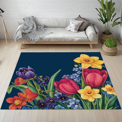 Dpvbffx Bunt Blumenmotiv Teppich Groß 200x290 cm, Landhausstil Pflanzen Waschbare Teppiche Antirutsch, Botanisch Marineblau Teppich Weich Kurzflor Fur Wohnzimmer Schlafzimmer Kinderzimmer Bettvorleger von Dpvbffx