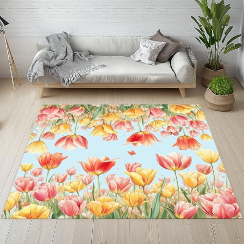 Dpvbffx Bunt Blumenmotiv Teppich Groß 200x290 cm, Natur Pflanzen Floral Waschbare Teppiche Antirutsch, Frühling Botanisch Garten Teppich Weich Kurzflor Fur Wohnzimmer Schlafzimmer Kinderzimmer von Dpvbffx
