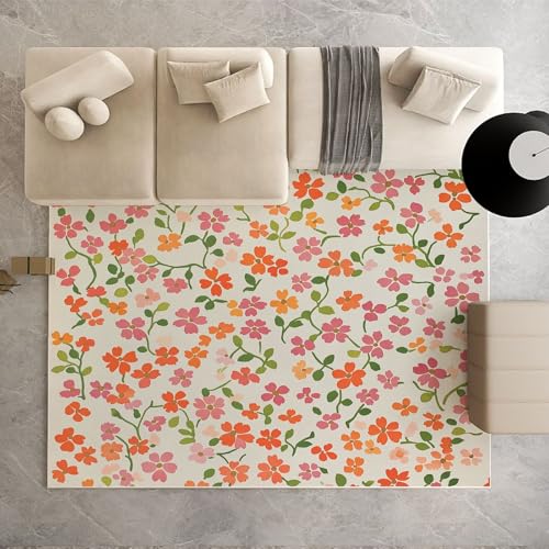 Dpvbffx Bunt Blumenmuster Teppich rutschfest Weich, Cottagecore Landhausstil Teppich Wohnzimmer 100x150 cm, Frühlingsblumen Teppiche Kurzflor Waschbare fur Schlafzimmer Badezimmer Kinderzimmer von Dpvbffx