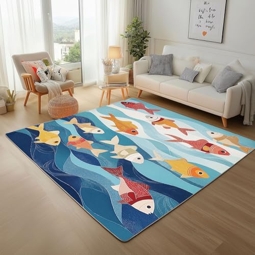 Dpvbffx Bunt Fisch Fußmatte 40x60 cm, Karikatur Meerestier Teppich Klein rutschfest, Ozean Unterwasserwelt Teppich Kurzflor, Waschbarer Teppiche Gegend Schmutzfangmatte fur Innen Outdoor Eingang von Dpvbffx
