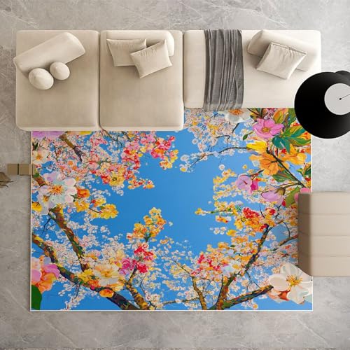 Dpvbffx Bunt Frühlingsblumen Teppich Wohnzimmer, Natur Pflanzen Floral Kurzflor Teppich 120x170 cm, Botanisch Baumzweig Teppiche Antirutsch Waschbare Teppiche Kinderzimmer Schlafzimmer Bettvorleger von Dpvbffx