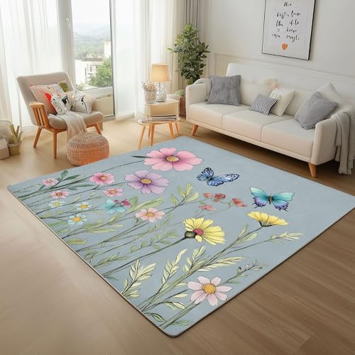 Dpvbffx Bunt Gänseblümchen Teppich rutschfest, Schmetterling Blumen Teppich Wohnzimmer 80x120 cm, Natur Wildblumen Teppiche Kurzflor Waschbare fur Schlafzimmer Kinderzimmer Schmutzfangteppich von Dpvbffx