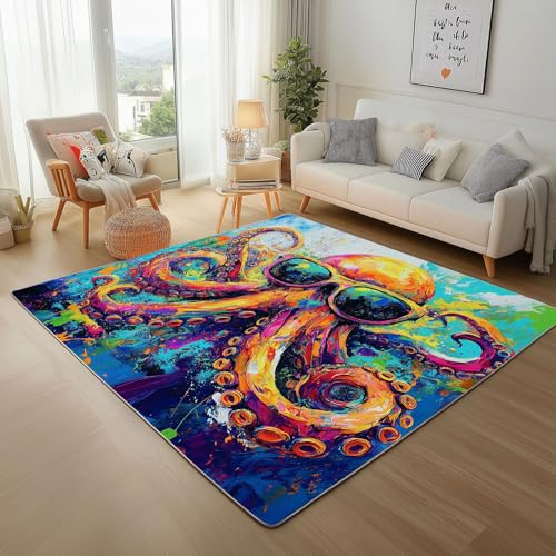Dpvbffx Bunt Krake Teppich rutschfest Weich, Graffiti Octopus Teppich Wohnzimmer 100x150 cm, Lustige Meerestier Teppiche Kurzflor Waschbare fur Schlafzimmer Badezimmer Kinderzimmer Schmutzfangteppich von Dpvbffx