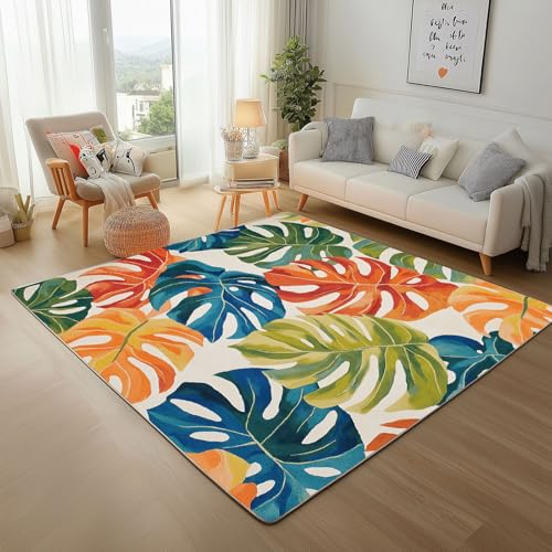 Dpvbffx Bunt Monstera Teppich rutschfest, Dschungel Botanisch Blätter Teppich Wohnzimmer 100x150 cm, Tropisch Laub Teppiche Kurzflor fur Schlafzimmer Badezimmer Kinderzimmer Schmutzfangteppich von Dpvbffx