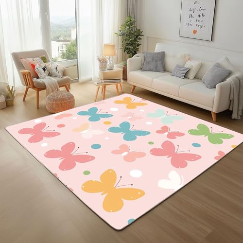 Dpvbffx Bunt Schmetterling Teppich rutschfest, Niedlich Insekten Teppich Wohnzimmer 80x120 cm, Karikatur Rosa Teppiche Kurzflor Waschbare fur Schlafzimmer Badezimmer Kinderzimmer Schmutzfangteppich von Dpvbffx