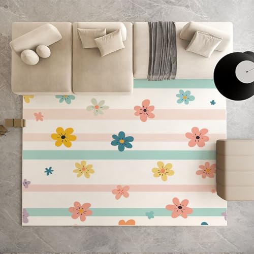Dpvbffx Bunt Streifen Muster Teppich Wohnzimmer, Niedlich Blumen Kurzflor Teppich 160x200 cm, Modern Landhausstil Teppiche Antirutsch Weich Waschbare Teppiche Kinderzimmer Schlafzimmer Bettvorleger von Dpvbffx
