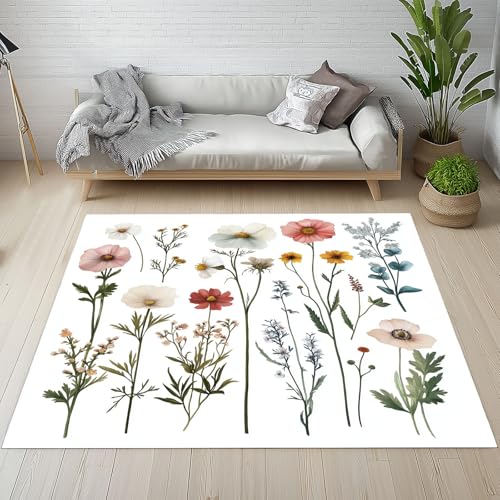 Dpvbffx Bunt Wildblumen Teppich Wohnzimmer, Botanisch Blumen Kurzflor Teppich 140x200 cm, Bauernhaus Landhausstil Teppiche Antirutsch Weich Waschbare Teppiche Kinderzimmer Schlafzimmer Bettvorleger von Dpvbffx
