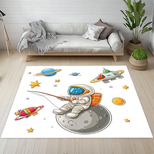 Dpvbffx Cartoon Astronaut Fußmatte 50x80 cm, Rakete Planet Universum Teppich Klein rutschfest, Karikatur Kinder Teppich Kurzflor, Waschbarer Teppiche Gegend Schmutzfangmatte fur Innen Outdoor Eingang von Dpvbffx