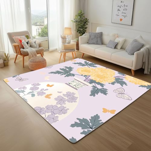 Dpvbffx Chrysantheme Teppich Groß 200x290 cm, Vase Schmetterling Blumen Waschbare Teppiche Antirutsch, Vintage Chinesischen Stil Teppich Kurzflor Fur Wohnzimmer Schlafzimmer Kinderzimmer Bettvorleger von Dpvbffx