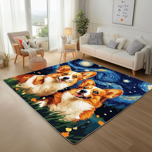 Dpvbffx Corgi Teppich Wohnzimmer, Sternennacht Hund Kurzflor Teppich 140x200 cm, Haustier Welpe Teppiche Antirutsch Weich Waschbare Teppiche Kinderzimmer Schlafzimmer Bettvorleger von Dpvbffx