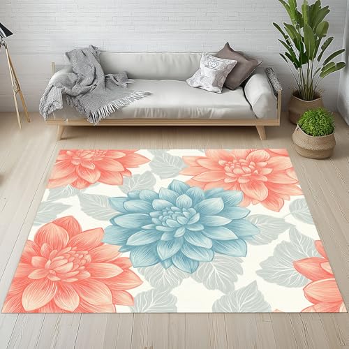 Dpvbffx Dahlie Teppich Wohnzimmer, Bauernhaus Blumenmuster Kurzflor Teppich 140x200 cm, Blumen Botanisch Teppiche Antirutsch Weich Waschbare Teppiche Kinderzimmer Schlafzimmer Bettvorleger von Dpvbffx