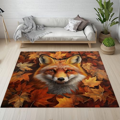 Dpvbffx Dschungel Fuchs Teppich Wohnzimmer Schlafzimmer, Herbst Ahornblätter Kurzflor Teppich 120x170 cm, Wilde Tiere Teppiche Antirutsch Weich Waschbare Teppiche Kinderzimmer Bettvorleger von Dpvbffx
