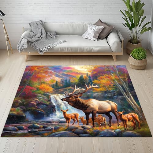 Dpvbffx Dschungeltiere Teppich Wohnzimmer Schlafzimmer, Herbst Wald Elch Kurzflor Teppich 140x200 cm, Wildtier Hirsch Teppiche Antirutsch Weich Waschbare Teppiche Kinderzimmer Bettvorleger von Dpvbffx