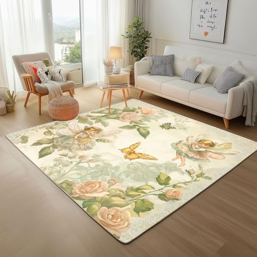 Dpvbffx Elfe Schmetterling Blumen Teppich Wohnzimmer, Romantische Vintage Kurzflor Teppich 120x170 cm, Frankreich Landhausstil Teppiche Antirutsch Teppiche Kinderzimmer Schlafzimmer Bettvorleger Dpvbffx Elfe Schmetterling Blumen Teppich Wohnzimmer, Romantische Vintage Kurzflor Teppich 120x170 cm, Frankreich Landhausstil Teppiche Antirutsch Teppiche Kinderzimmer Schlafzimmer Bettvorleger von Dpvbffx