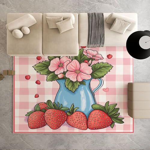 Dpvbffx Erdbeer Blumen Teppich Groß 200x290 cm, Rosa Gingham Kariert Waschbare Teppiche Antirutsch, Büffelkaro Landhausstil Teppich Weich Kurzflor Fur Wohnzimmer Schlafzimmer Kinderzimmer Bettvorleger von Dpvbffx