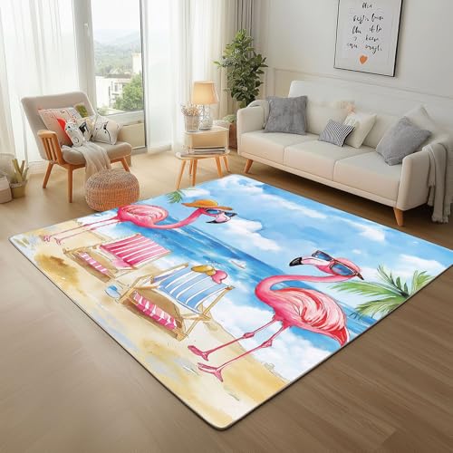 Dpvbffx Flamingo Teppich Wohnzimmer, Lustige Tiermuster Kurzflor Teppich 120x170 cm, Tropisch Ozean Strand Vogel Teppiche Antirutsch Weich Waschbare Teppiche Kinderzimmer Schlafzimmer Bettvorleger von Dpvbffx