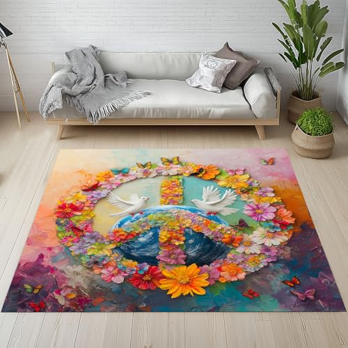 Dpvbffx Friedenszeichen Teppich Groß 200x290 cm, Bunt Schmetterling Blumen Waschbare Teppiche Antirutsch, Ölgemälde Kunstwerk Teppich Kurzflor Fur Wohnzimmer Schlafzimmer Kinderzimmer Bettvorleger von Dpvbffx