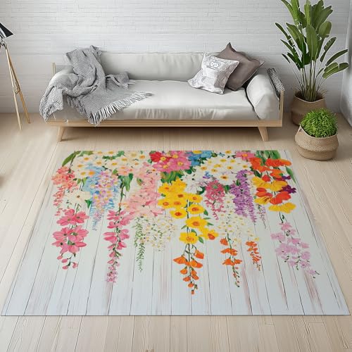 Dpvbffx Frühlingsblumen Fußmatte 50x80 cm, Ölgemälde Kunst Teppich Klein rutschfest, Bunt Pflanzen Floral Teppich Kurzflor, Waschbarer Teppiche Gegend Schmutzfangmatte fur Innen Outdoor Eingang von Dpvbffx