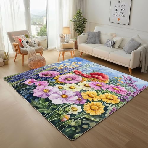 Dpvbffx Frühlingsblumen Teppich Wohnzimmer, Aquarell Wildblumen Kurzflor Teppich 120x170 cm, Natur Pflanzen Floral Teppiche Antirutsch Weich Waschbare Teppiche Kinderzimmer Schlafzimmer Bettvorleger von Dpvbffx