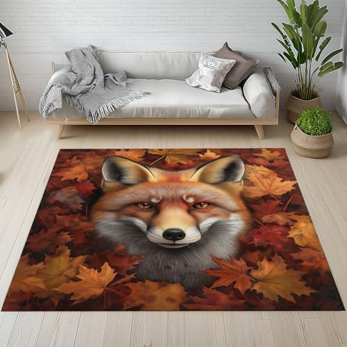 Dpvbffx Fuchs Teppich Wohnzimmer Schlafzimmer, Herbst Ahornblatt Tiermotiv Kurzflor Teppich 160x200 cm, Wildtier Teppiche Antirutsch Weich Waschbare Teppiche Kinderzimmer Bettvorleger von Dpvbffx