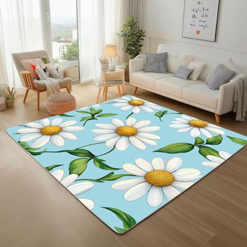 Dpvbffx Gänseblümchen Fußmatte 40x60 cm, Landhausstil Blumen Teppich Klein rutschfest, Natur Floral Pflanzen Teppich Kurzflor, Waschbarer Teppiche Gegend Schmutzfangmatte fur Innen Outdoor Eingang von Dpvbffx