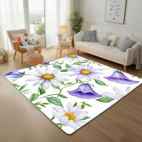 Dpvbffx Gänseblümchen Glockenblume Teppich rutschfest Weich, Pflanzen Blumen Teppich Wohnzimmer 100x150 cm, Floral Landhausstil Teppiche Kurzflor fur Schlafzimmer Kinderzimmer Schmutzfangteppich von Dpvbffx