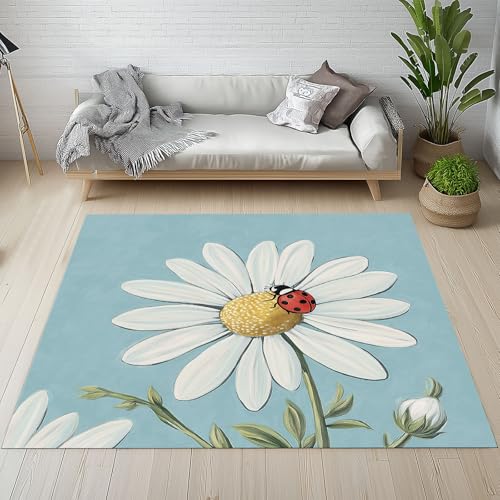 Dpvbffx Gänseblümchen Marienkäfer Teppich Groß 200x290 cm, Insekten Pflanzen Blumen Teppiche Antirutsch, Natur Botanisch Teppich Kurzflor Fur Wohnzimmer Schlafzimmer Kinderzimmer Bettvorleger von Dpvbffx