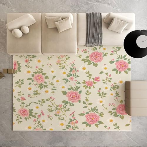 Dpvbffx Gänseblümchen Rose Teppich Groß 200x290 cm, Landhausstil Blumen Waschbare Teppiche Antirutsch, Pflanzen Cottagecore Teppich Weich Kurzflor Fur Wohnzimmer Schlafzimmer Kinderzimmer Bettvorleger von Dpvbffx