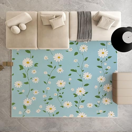 Dpvbffx Gänseblümchen Teppich Groß 200x290 cm, Landhausstil Blumen Waschbare Teppiche Antirutsch, Floral Pflanzen Botanisch Teppich Weich Kurzflor Fur Wohnzimmer Schlafzimmer Kinderzimmer Bettvorleger von Dpvbffx