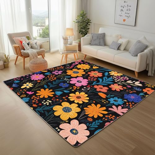 Dpvbffx Gänseblümchen Teppich Groß 245x300 cm, Rustikale Bunt Blumen Waschbare Teppiche Antirutsch, Pflanzen Blätter Landhaus Teppich Kurzflor Fur Wohnzimmer Schlafzimmer Kinderzimmer Bettvorleger von Dpvbffx