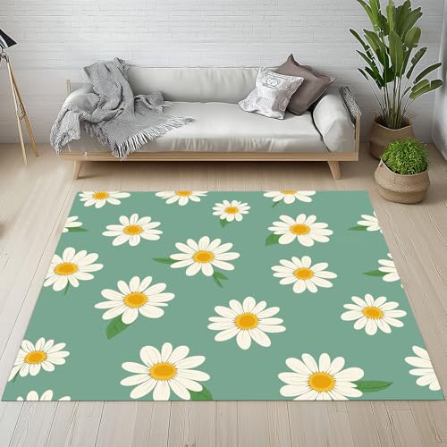 Dpvbffx Gänseblümchen Teppich Wohnzimmer Schlafzimmer, Niedlich Blumen Kurzflor Teppich 140x200 cm, Frühling Landhausstil Teppiche Antirutsch Weich Waschbare Teppiche Kinderzimmer Bettvorleger von Dpvbffx