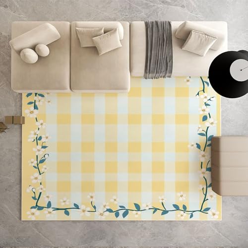 Dpvbffx Gelb Weiß Karomuster Teppich Groß 245x300 cm, Landhausstil Kariert Waschbare Teppiche Antirutsch, Pflanzen Blumen Gingham Teppich Kurzflor Fur Wohnzimmer Schlafzimmer Kinderzimmer Bettvorleger von Dpvbffx