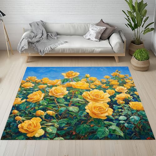 Dpvbffx Gelbe Rose Teppich Groß 245x300 cm, Garten Pflanzen Blumen Waschbare Teppiche Antirutsch, Natur Floral Botanisch Teppich Weich Kurzflor Fur Wohnzimmer Schlafzimmer Kinderzimmer Bettvorleger von Dpvbffx
