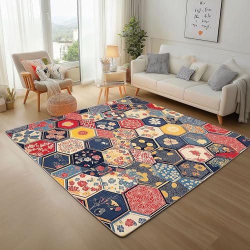 Dpvbffx Geometrisch Blumen Teppich rutschfest, Hexagon Honeycomb Floral Teppich Wohnzimmer 80x150 cm, Bauernhaus Vintage Teppiche Kurzflor fur Schlafzimmer Badezimmer Kinderzimmer Schmutzfangteppich von Dpvbffx
