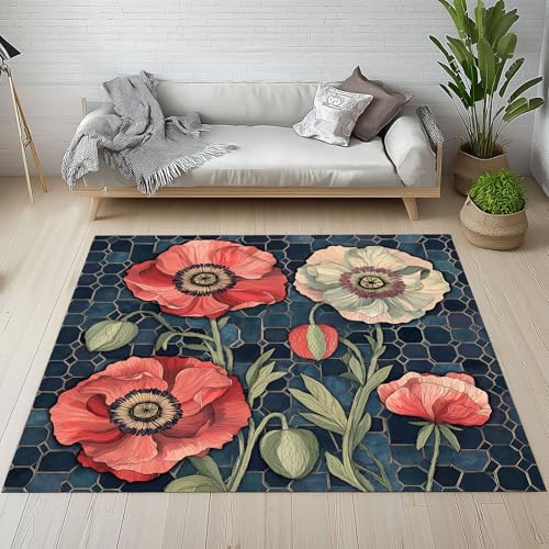 Dpvbffx Geometrisch Mohn Teppich Groß 160x230 cm, Hexagon Blumenmotiv Waschbare Teppiche Antirutsch, Vintage Pflanzen Blumen Teppich Kurzflor Fur Wohnzimmer Schlafzimmer Kinderzimmer Bettvorleger von Dpvbffx