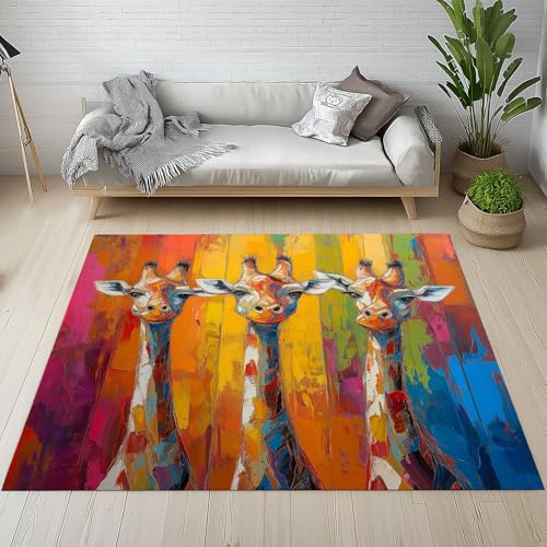 Dpvbffx Giraffe Teppich rutschfest Weich, Ölgemälde Tiermotiv Teppich Wohnzimmer 80x120 cm, Kunst Wildtier Teppiche Kurzflor Waschbare fur Schlafzimmer Badezimmer Kinderzimmer Schmutzfangteppich von Dpvbffx