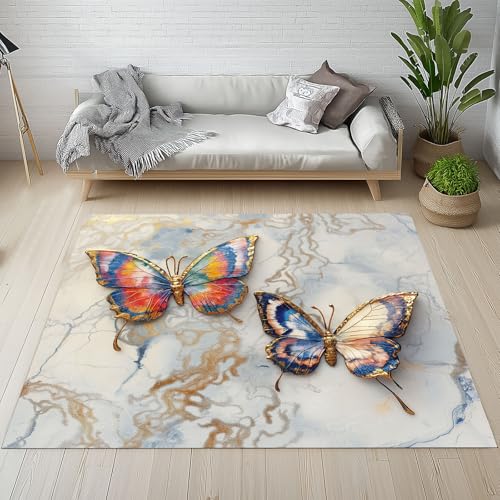 Dpvbffx Gold Schmetterling Teppich Wohnzimmer, Vintage Luxus Chic Kurzflor Teppich 120x170 cm, Rustikale Bauernhaus Teppiche Antirutsch Weich Waschbare Teppiche Kinderzimmer Schlafzimmer Bettvorleger von Dpvbffx