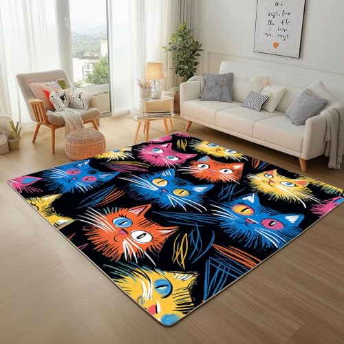 Dpvbffx Graffiti Katze Fußmatte 40x60 cm, Karikatur Bunt Kätzchen Teppich Klein rutschfest, Niedlich Haustier Teppich Kurzflor, Waschbarer Teppiche Gegend Schmutzfangmatte fur Innen Outdoor Eingang von Dpvbffx
